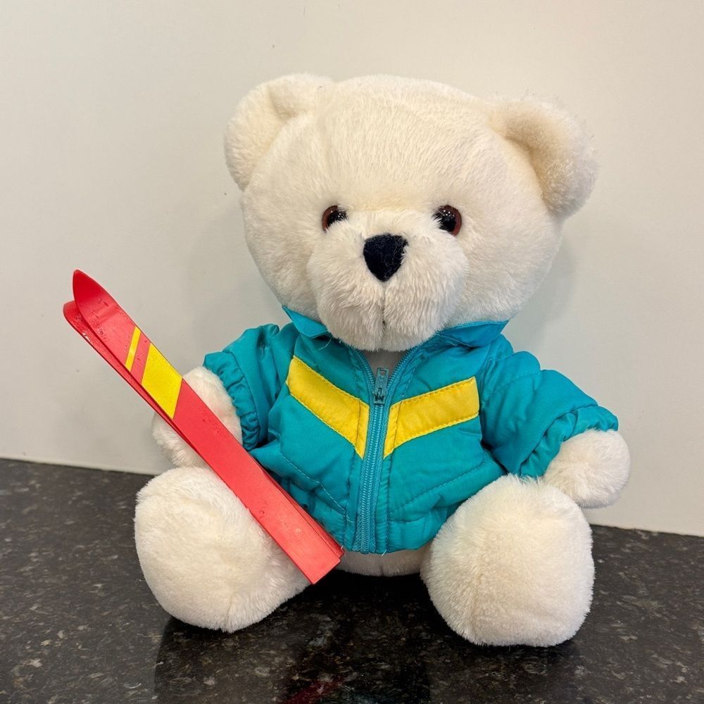 Cozy Skiing Bear Plush Toy - White and Teal